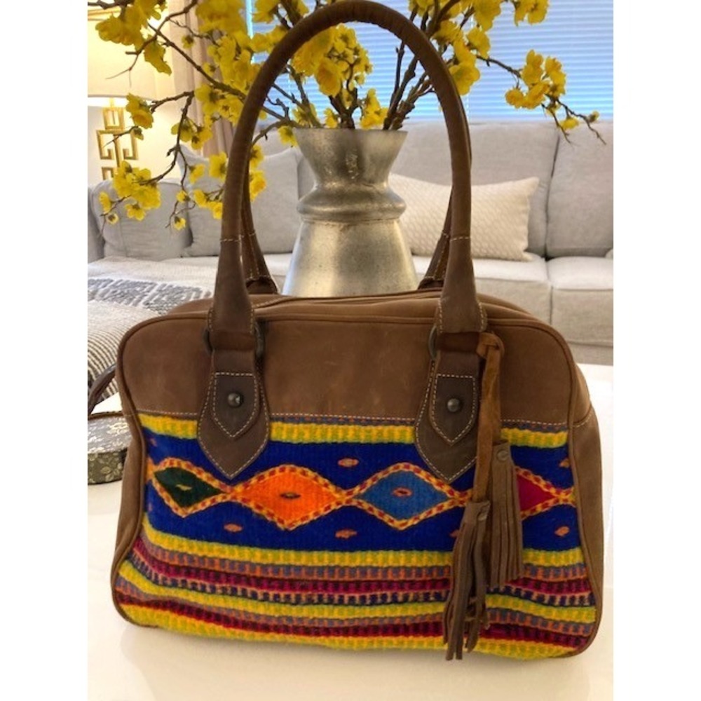 Southwestern Style Leather Bag with Native Handmade Woven Stitching